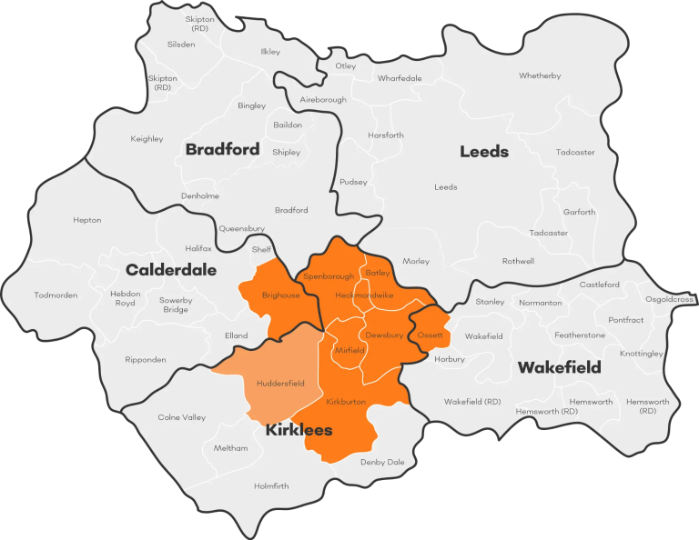 Map of West Yorkshire showing the Kirklees areas Tiger Skip Hire covers